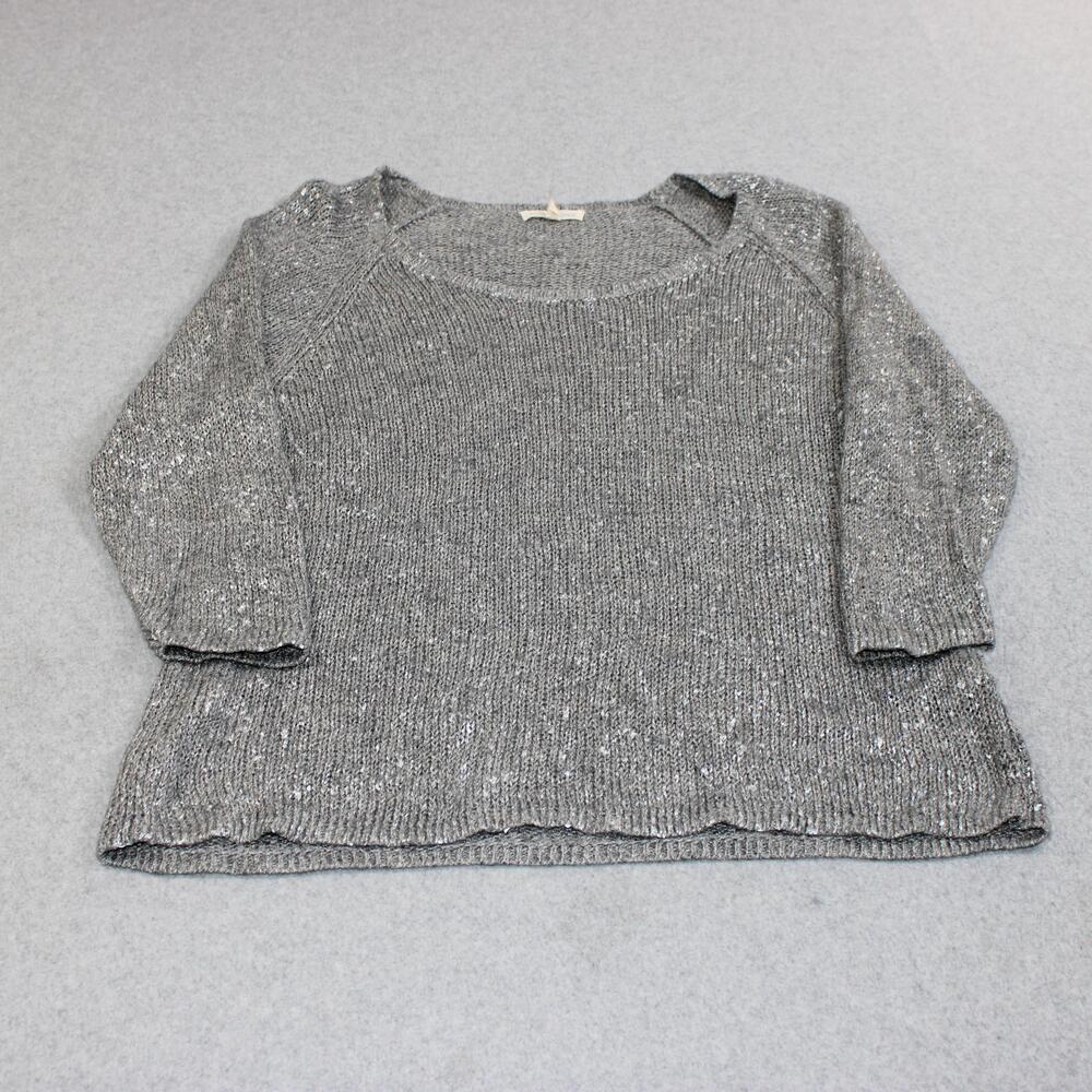 Eileen Fisher Sweater Women Large Gray Metallic Shimmer Linen Blend Open Knit